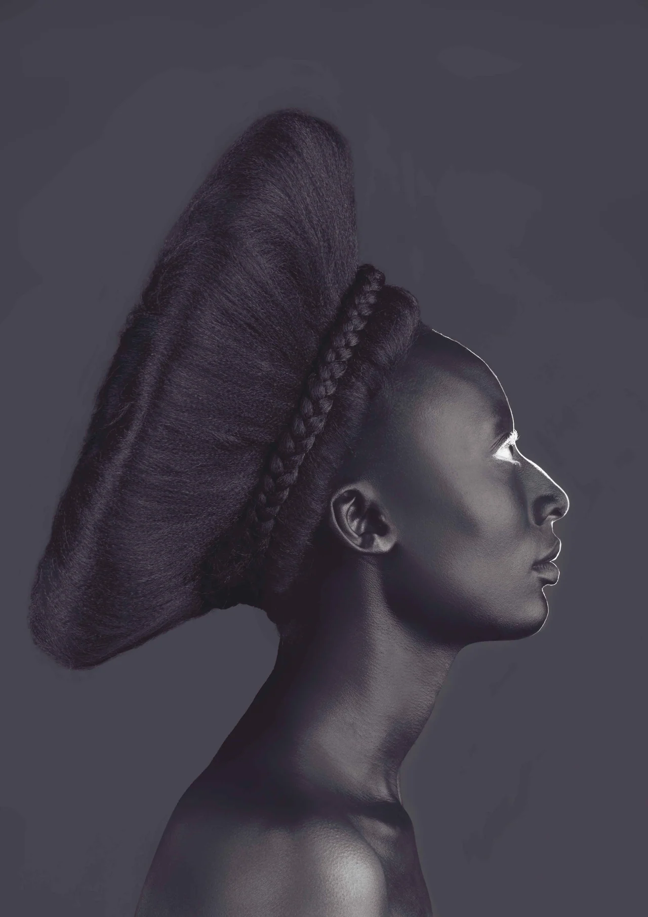 Sculptural profile portrait of a woman with an intricate braided hairstyle, against a muted grey background